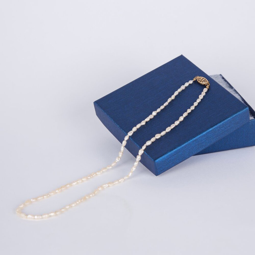 SOLD Vintage Freshwater Rice Pearl Necklace w/14k Gold Clasp 17” Long